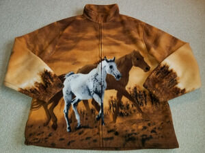 Mens Jacket-TRAIL CREST-brown Horse all-over print Western fleece zip-up-XL